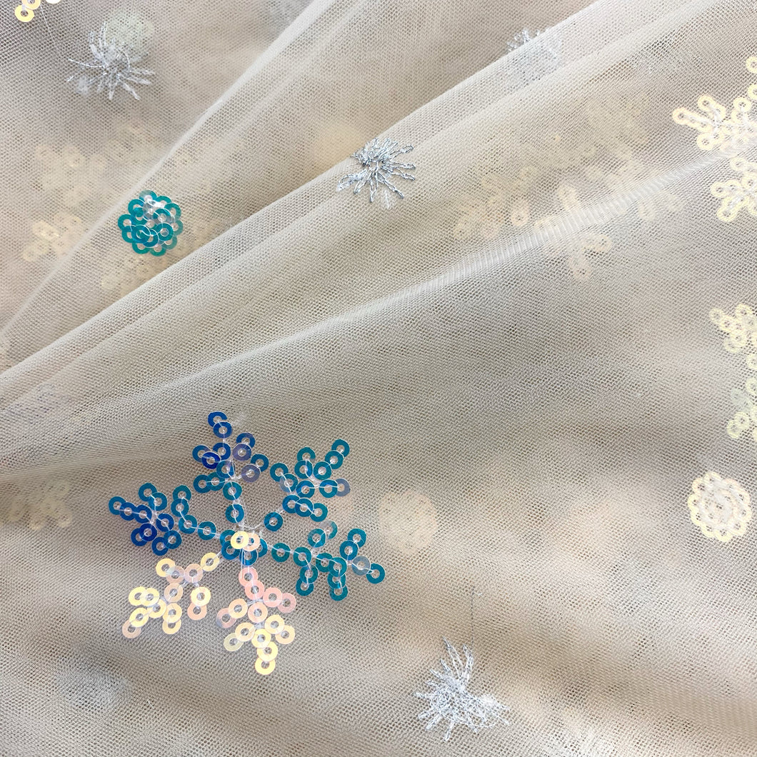 NUDE IRIDESCENT SEQUIN SNOWFLAKES - Tulle Fabric