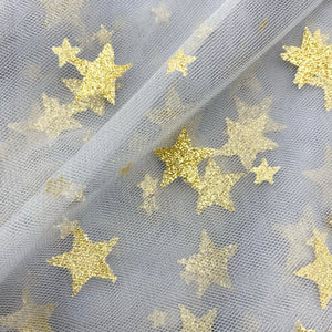 LIGHT GREY GOLD GLITTER STARS - Tulle Fabric