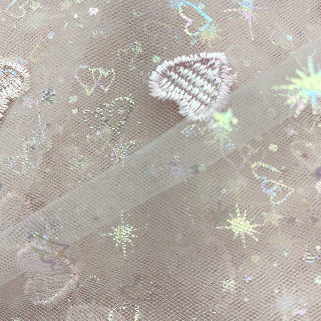 PALE PINK EMBROIDERED HEARTS - Tulle Fabric